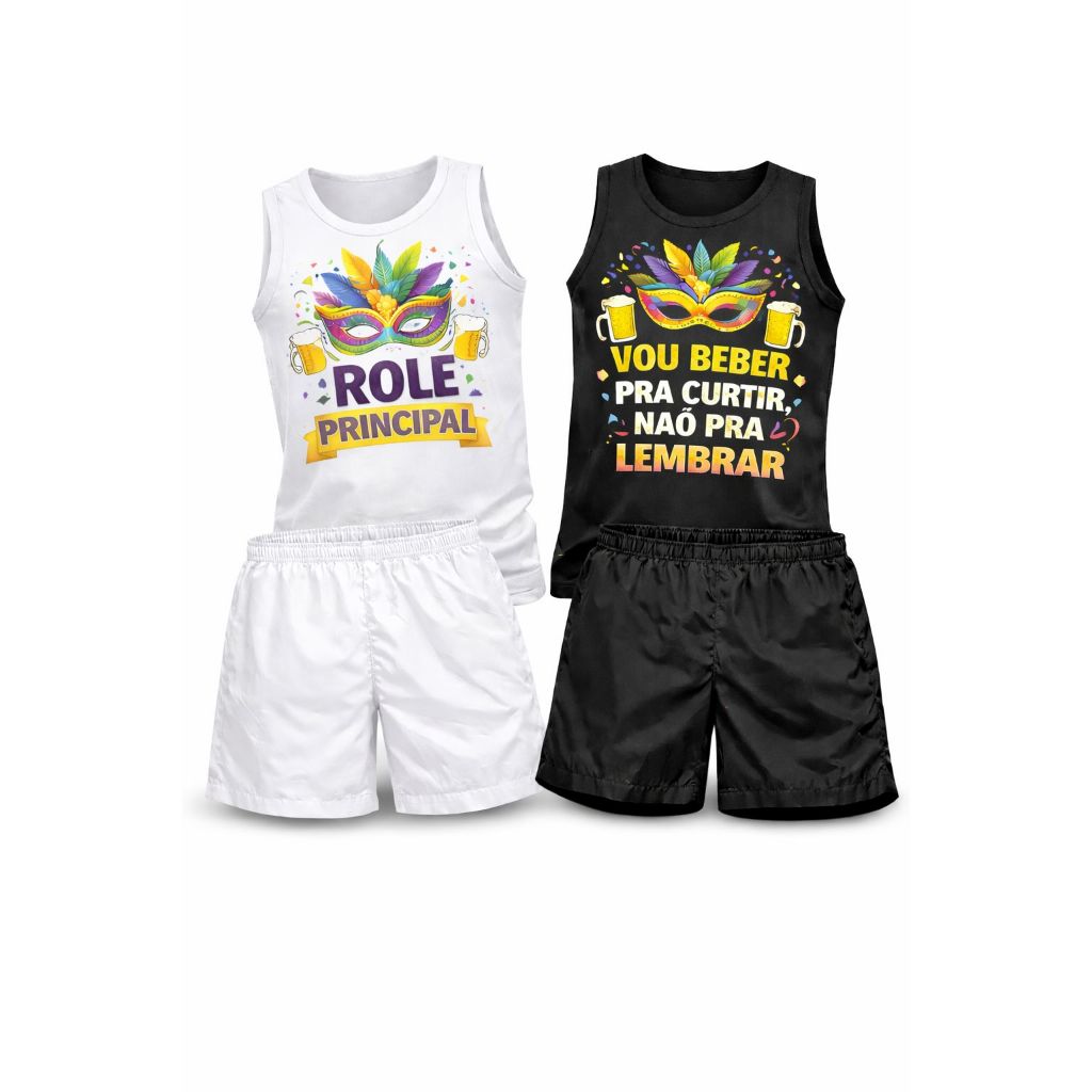 KIT MASCULINO SHORT + CAMISETA REGATA CAVADA, TEMA CARNAVAL, FOLIA, FESTA 2026, LANÇAMENTO