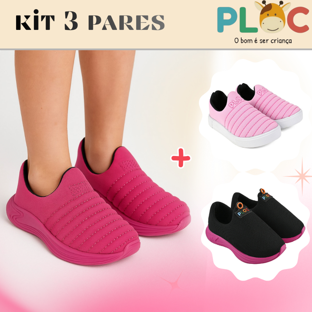 Kit 3 pares Tênis Infantil Ploc -  Colors Iate e Play Anatômico Menina