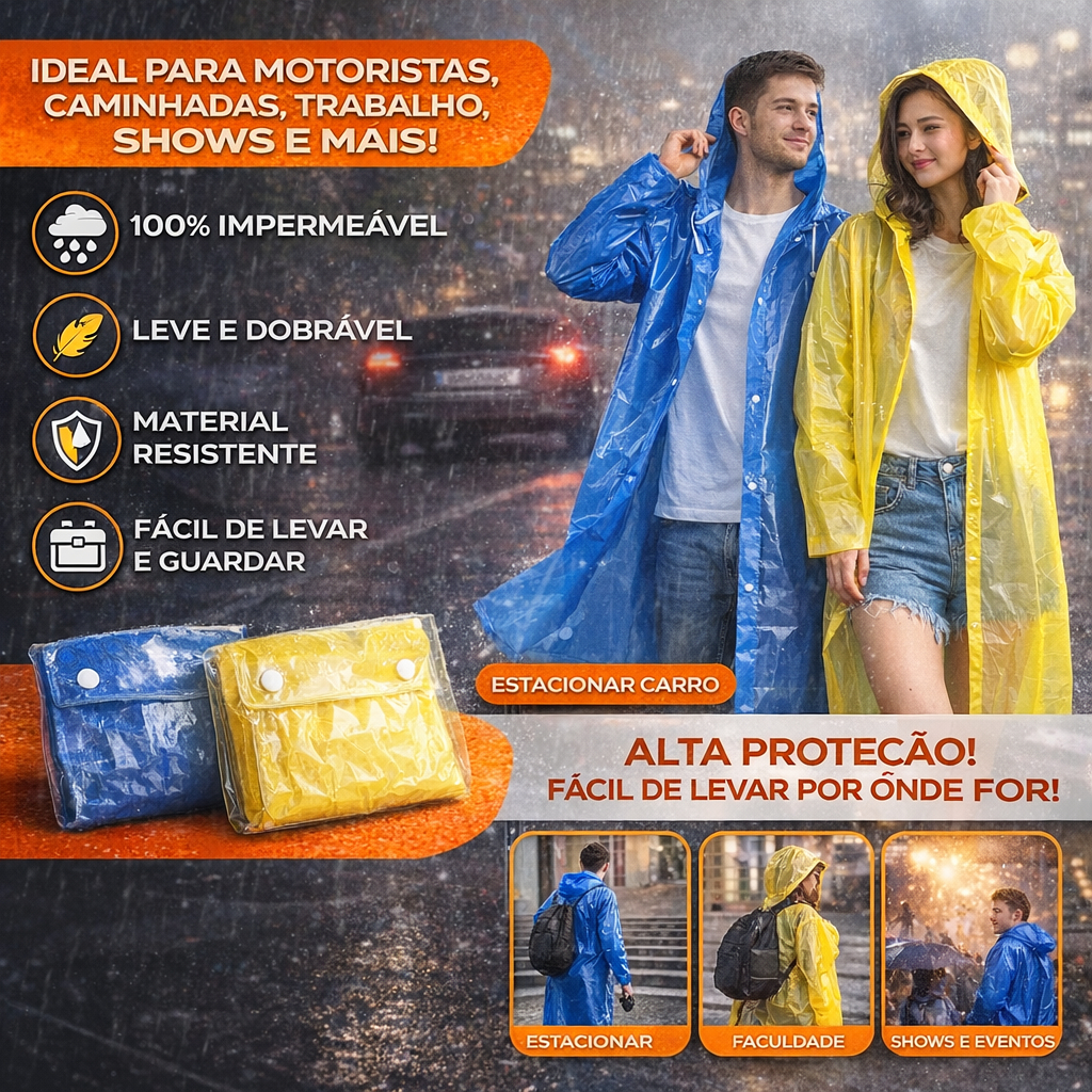 Capa de Chuva Impermeável PVC Unissex Dobrável com Capuz Ajustável