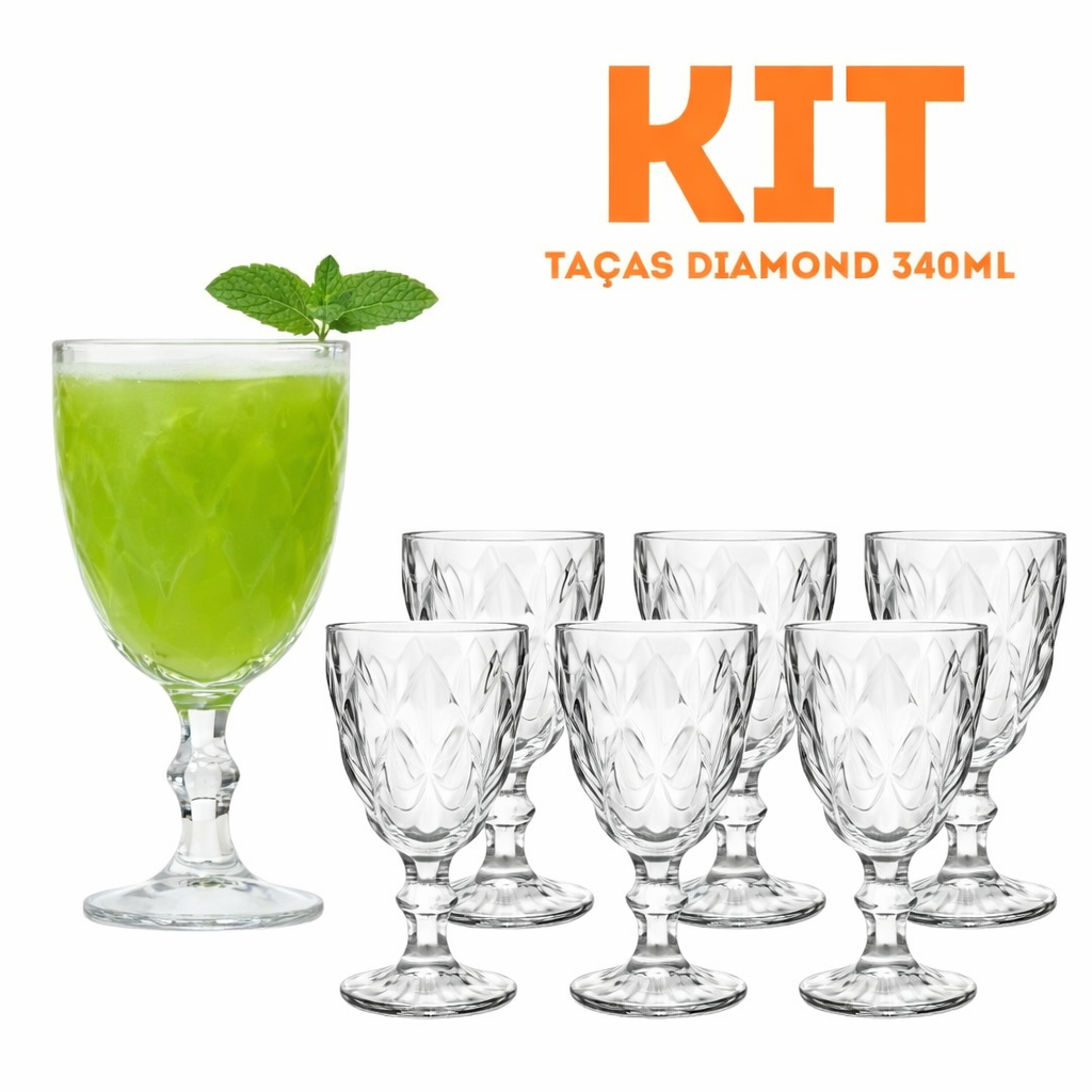 Kit Copos Taças Diamond Vidro Transparente Para Água Luxo Resistente 340ml