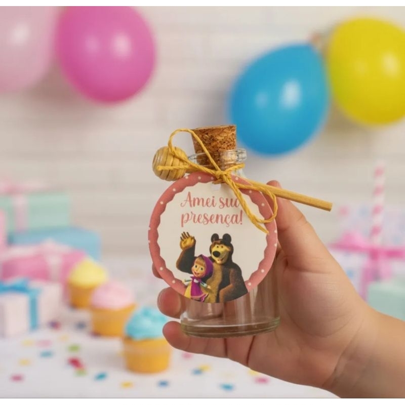 Potinho garrafinha  mel festa temática Masha e o Urso lembrancinha aniversário maternidade