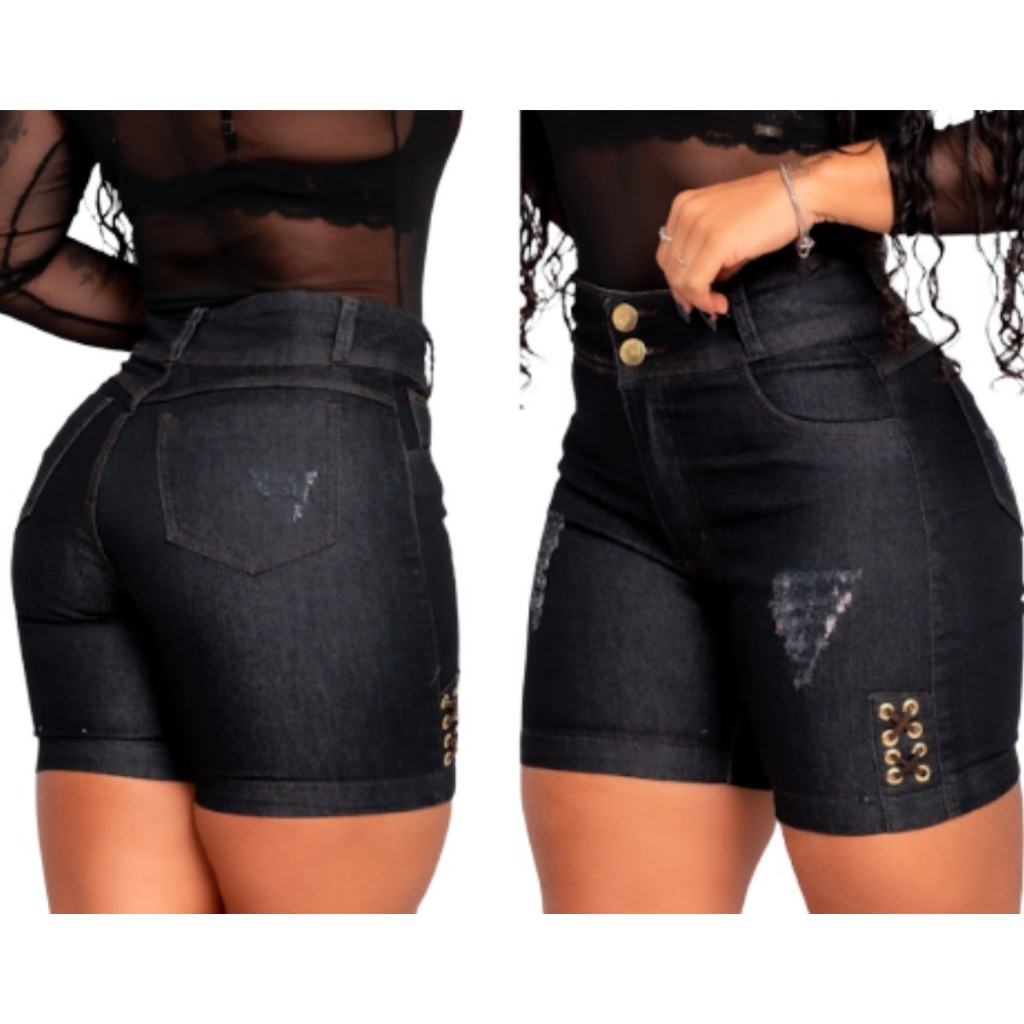 Short Jeans Feminino Premium Ilhós com Lycra Bermuda Modelos, Ajordan Multimarcas