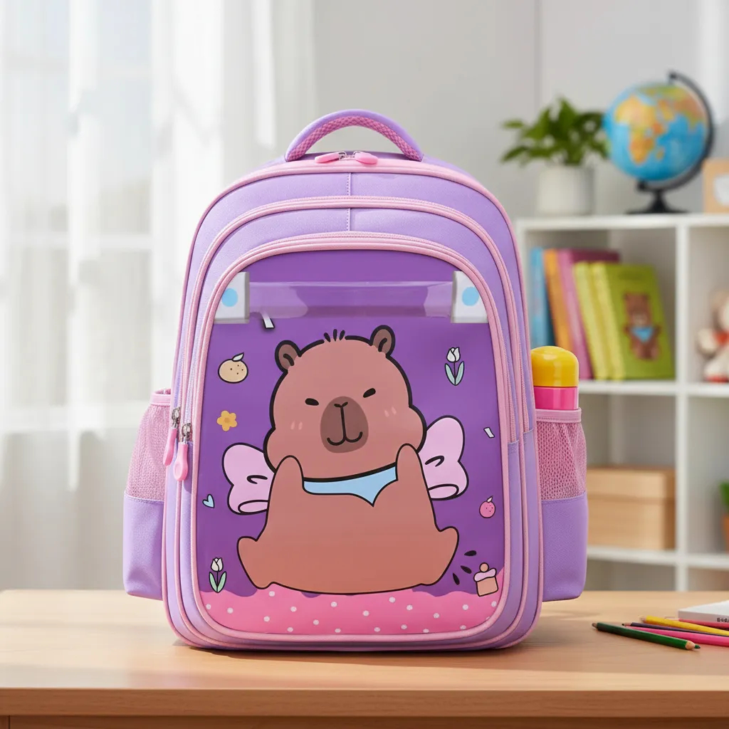 Mochila Costas Escolar Capivara Escola Primária Marrom Lilás Grande 41x30cm Estilo Moderno TikTok em Oferta na Shopee