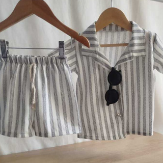 Conjunto Infantil Camisa e Short Linho listrado neutro em Oferta na Shopee