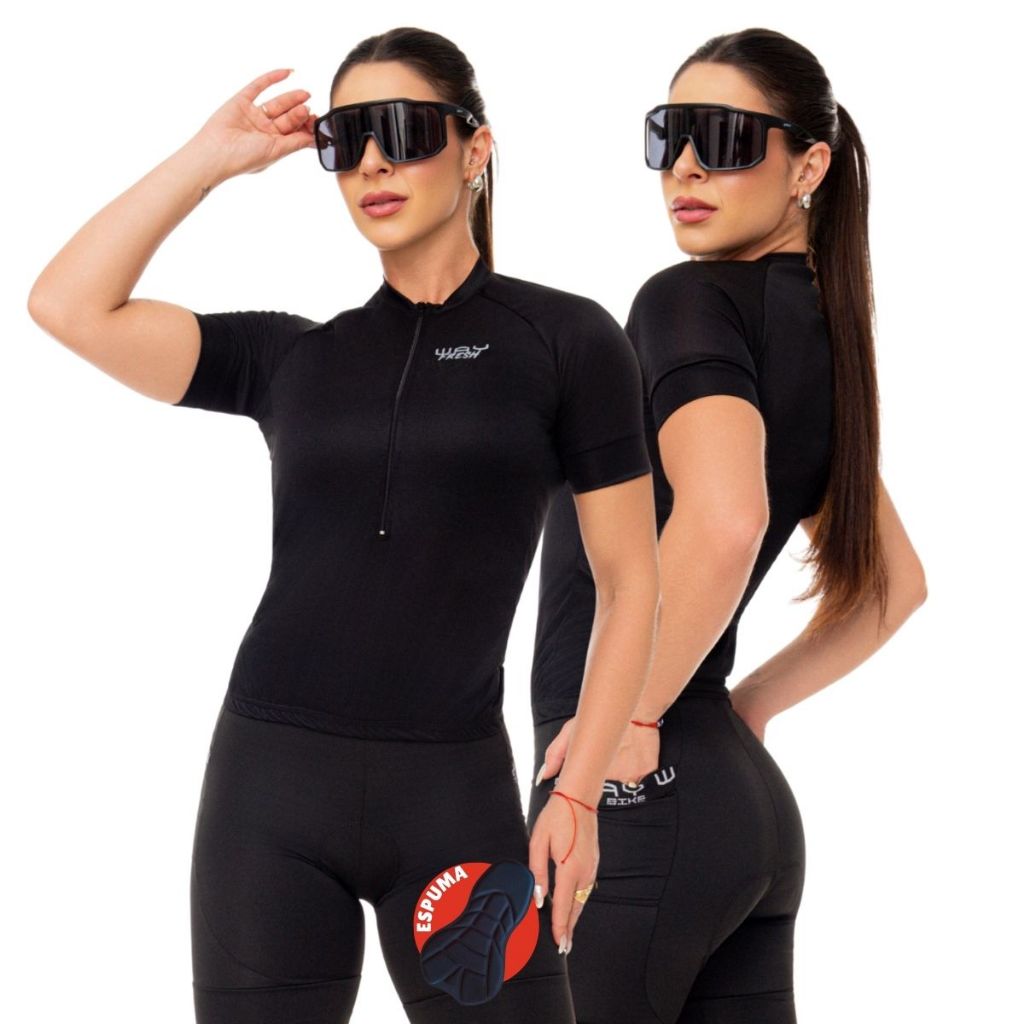 Conjunto de Ciclismo Feminino - Camisa Way Fresh Preta e Bermuda Espuma Way