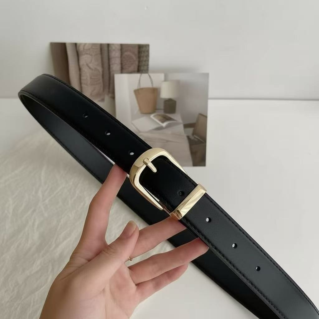 Cinto Feminino Preto Minimalista com Fivela Dourada Elegante – Estilo Casual & Social em Oferta na Shopee