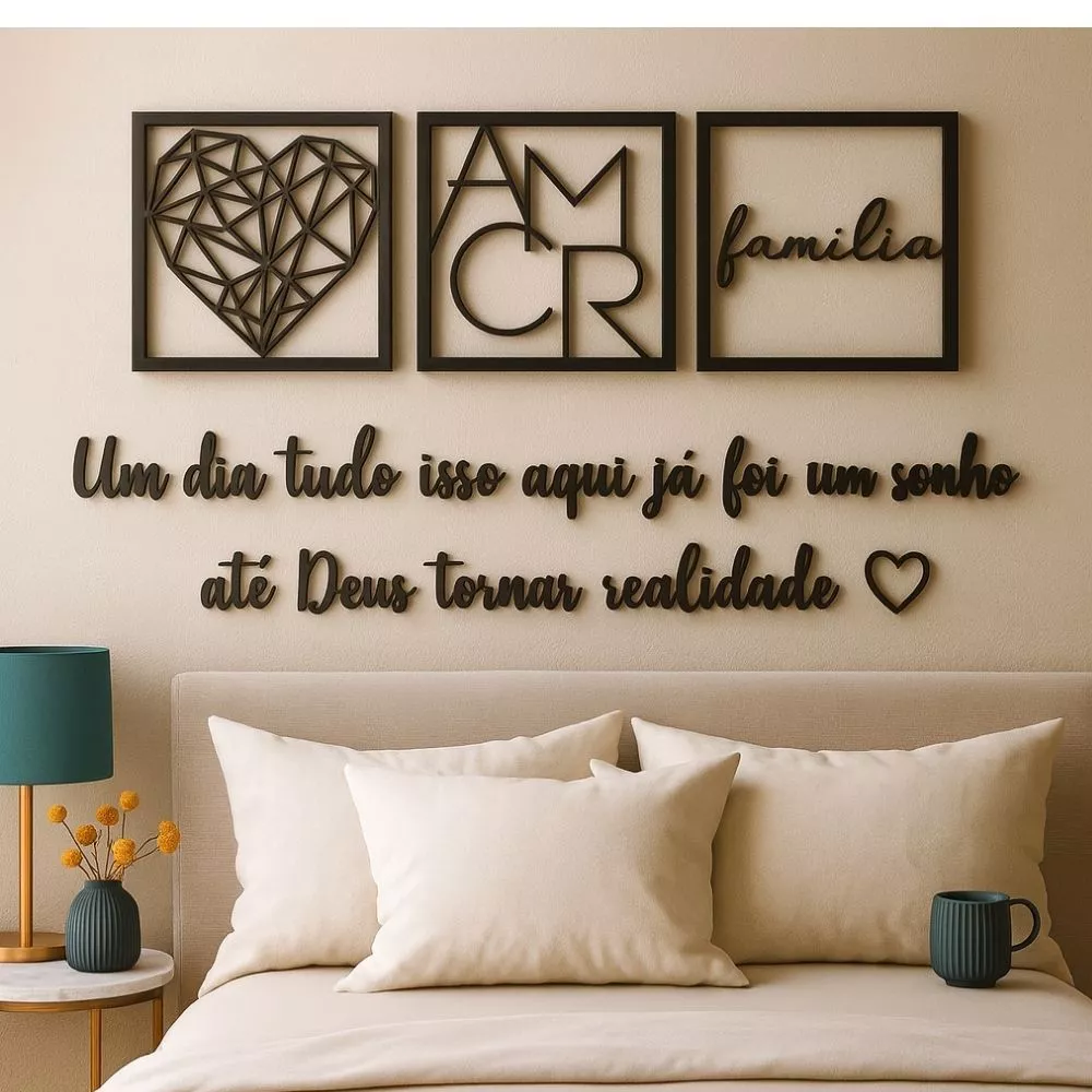 Kit 3 Quadros Cabeceira Familia Coração Geométrico Amor + Frase de Parede Variados Sala Mini coração — imagem 1