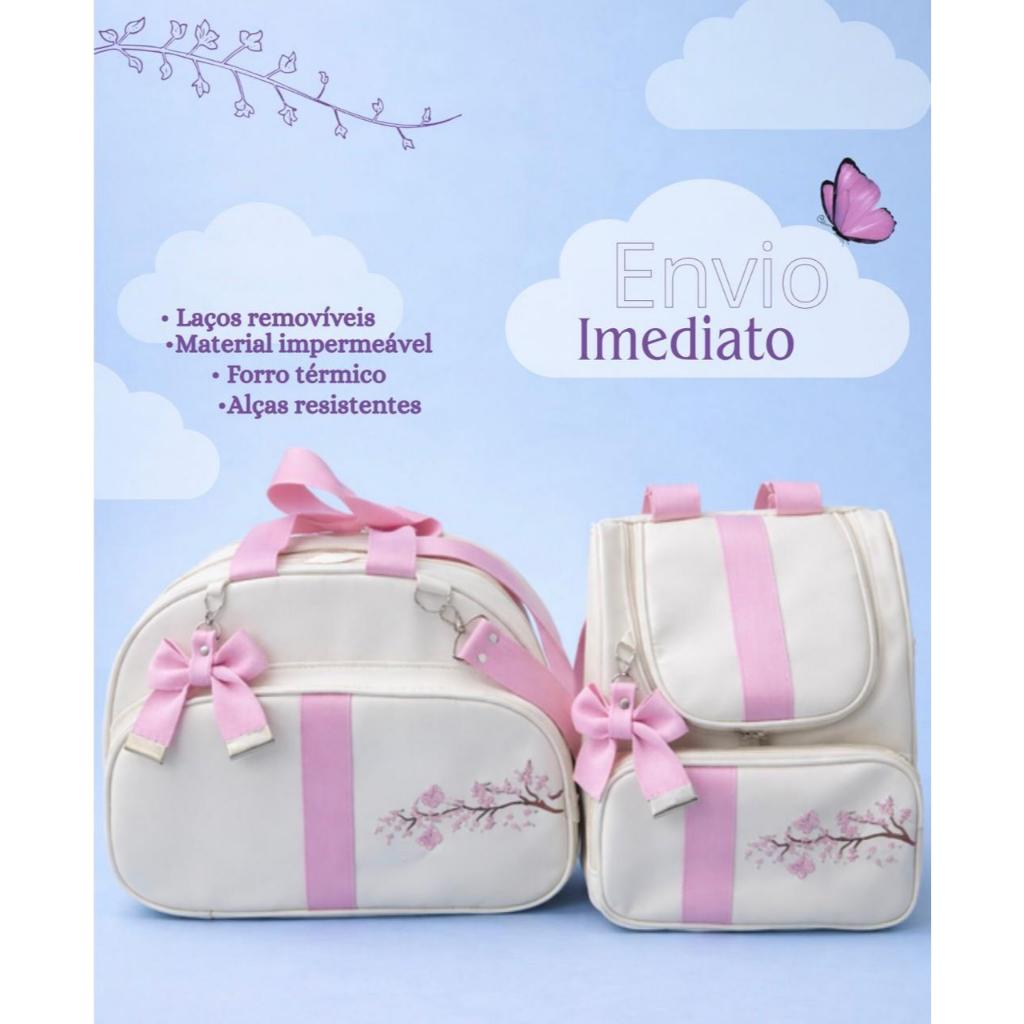 KIT BOLSA MATERNIDADE GRANDE MENINA GALHO COM FLORES ROSA BEBÊ 02 PEÇAS: MALA+MOCHILA. PRÁTICA, ESPAÇOSA, IMPERMEÁVEL.