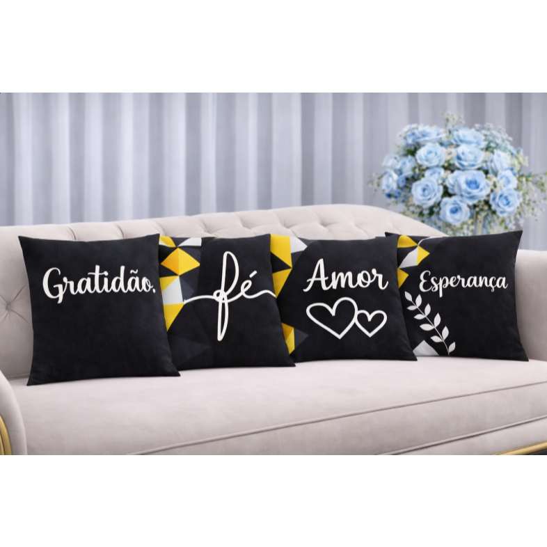 KIT 4 Capas Para Almofadas Decorativas de Luxo, Estilo Moderno Gratidão Fé Amor Sublimadas 45x45 em Oferta na Shopee