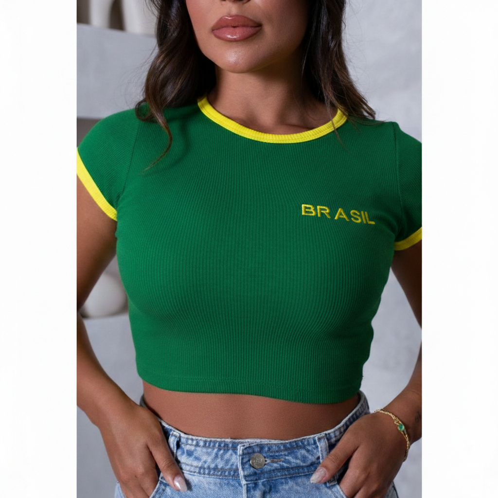 Camisa Feminina com Bordado Brasil Copa 2026 em Algodão