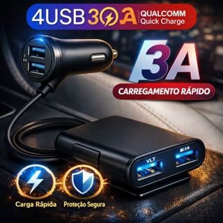 Carregador Veicular Rápido 4 USB 36W com Extensor 1,8m QC 3.0 para Carro e Caminhão ideal para uber em Oferta na Shopee
