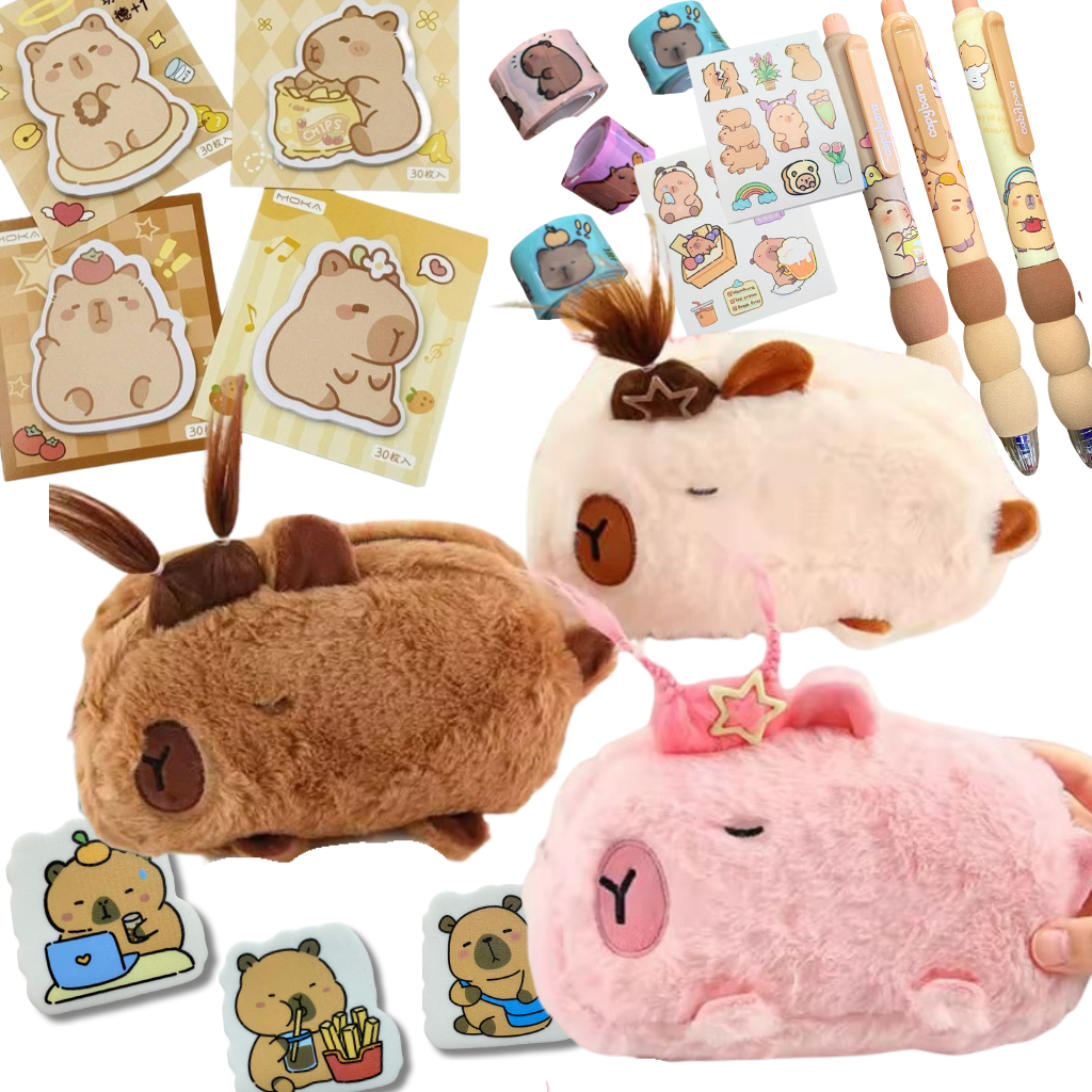 Estojo de Capivara Pelúcia Fofo Com 10 Itens Caneta que apaga Borracha Corretivo Post it Washi tape Escolar Meninas