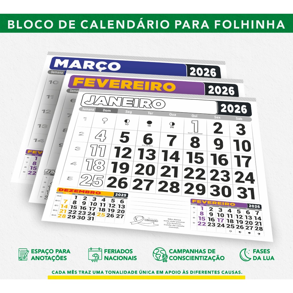 10 Blocos de Calendário 2026 - 21x22cm