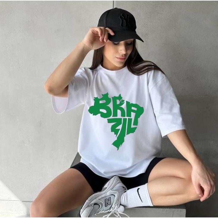 Camiseta Oversized Feminina Estampada Brasil Perfeita Pra Academia Material 100% Algodão P ao G