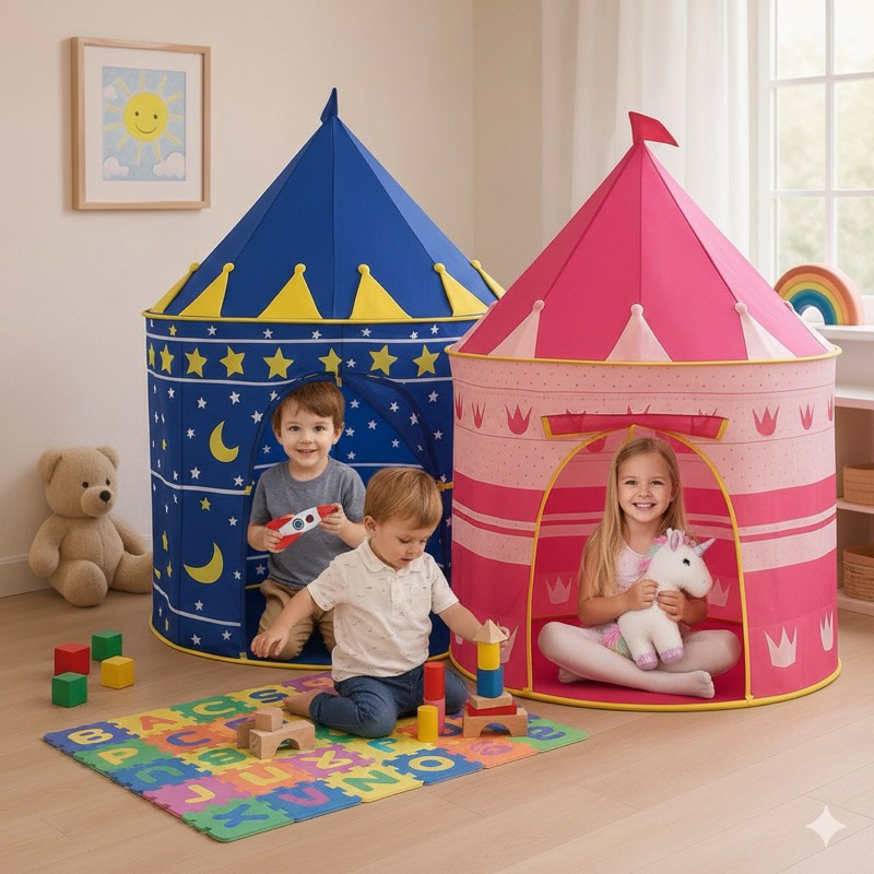 Barraca Infantil Castelo Rosa Azul e Adesivos Decorativos Cabaninha Casinha Brincar Festa Pijama Impermeável Leve Segura
