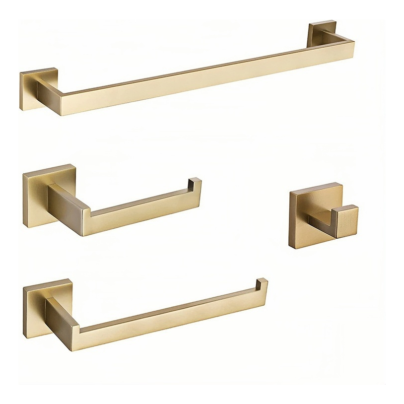 Kit Acessórios Para Banheiro 4 Peças Inox Quadrado 40 CM E 56 CM Toalheiro De Banheiro Preto/Dourado/Prata