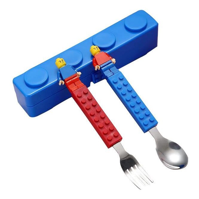 Kit Talheres Infantil Colher e Garfo Para Criança Bloco de Montar, Dinossauro e Normal Com Estojo Aço Inox