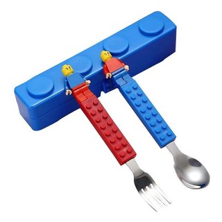 Kit Talheres Infantil Colher e Garfo Para Criança Bloco de Montar, Dinossauro e Normal Com Estojo Aço Inox