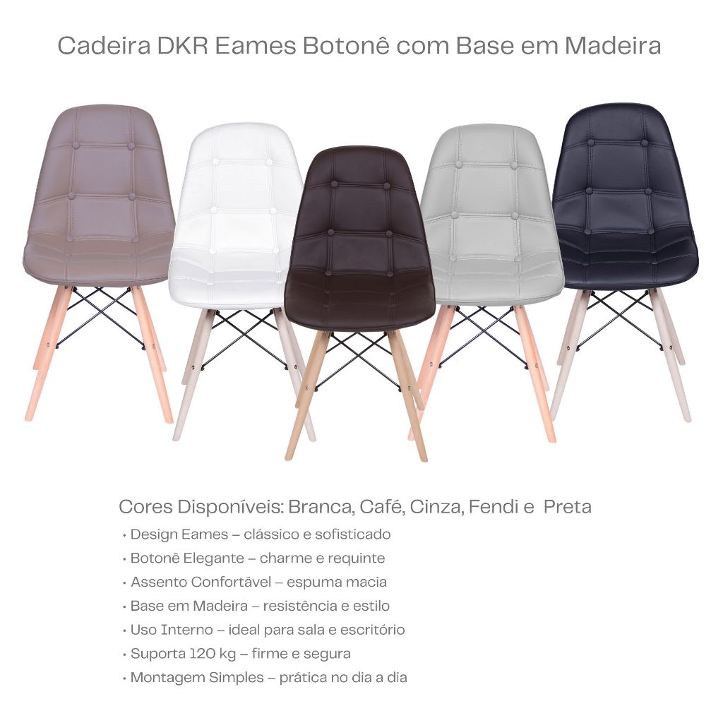 Conjunto Cadeira DKR Eiffel base Madeira Botone Almofadada - Branca, Preta, Bege e Cinza e Café em Oferta na Shopee