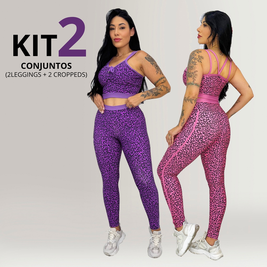 Kit 2 Conjuntos Fitness de Academia com Calça e Cropped em Oferta na Shopee