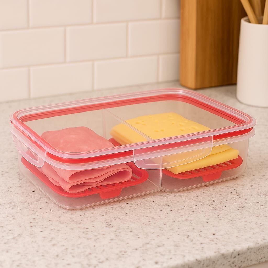 Porta frios hermético duplo presunto e queijo com fundo removível para conservar os alimentos e organizar a geladeira em Oferta na Shopee