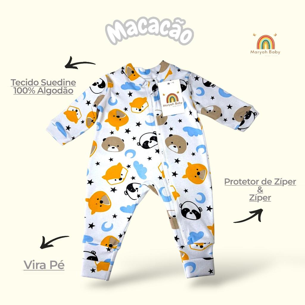 Macacão de bebê Para Menino Vira Pé Raposa Moderno Com Zíper Suedine 100% Algodão