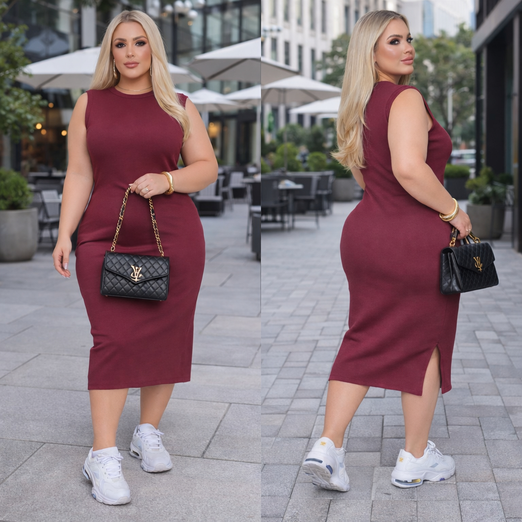 Vestido Midi Plus Size Regata Gola Redonda Com Fenda Lateral Modelador Alcinha Alça Confortável