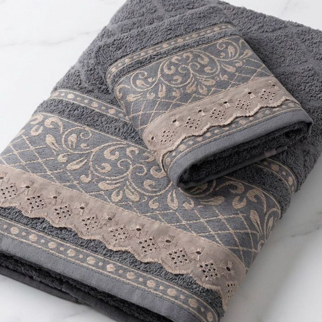 Toalha Felpuda Barrado Bordado Inglês 100% algodão Macia 2 peças Banho e Rosto em Oferta na Shopee