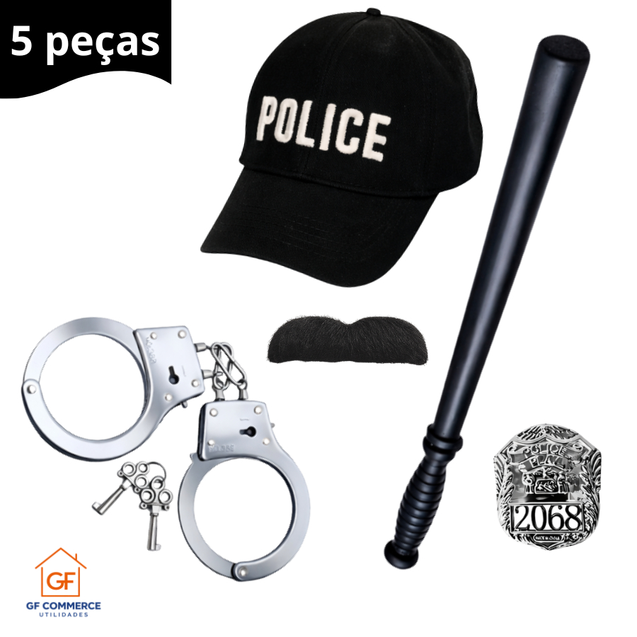 Kit Fantasia Masculina Completa de Policial  FBI Policia Carnaval Halloween Bloquinho Boné Cassetete Algema Distintivo