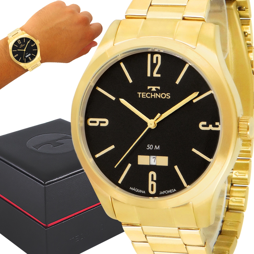 Relógio Technos Masculino Dourado Preto Original 1 Ano de Garantia em Oferta na Shopee