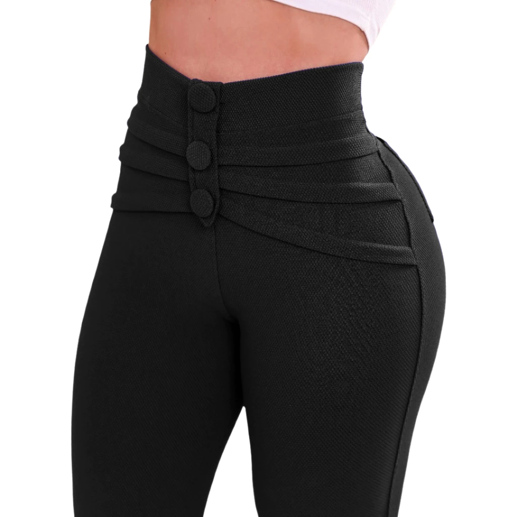 Calça Legging Feminina Skinny Botão Encapado Leg Cintura Alta Levanta Bumbum Malha Pop Zero Transparencia — imagem 1