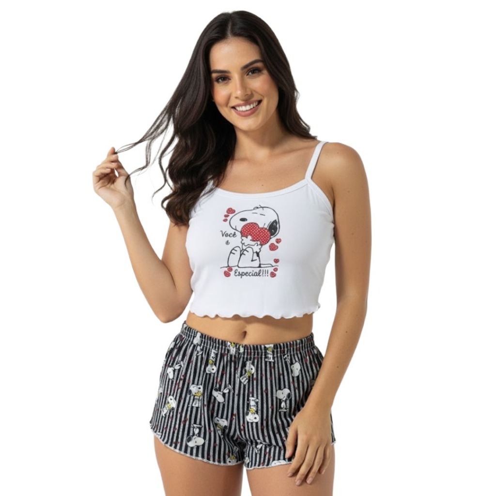 Pijama Baby Doll Feminino Personagem Malha Confortável Promoção