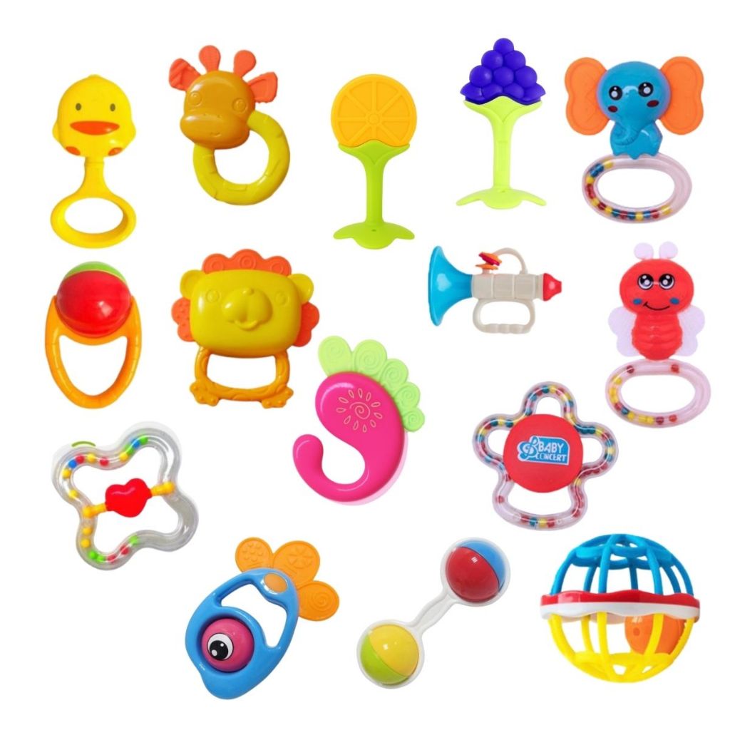 Kit Chocalho e Mordedor 13, 8 e 4 Peças Brinquedo Sensorial Infantil Para Bebê