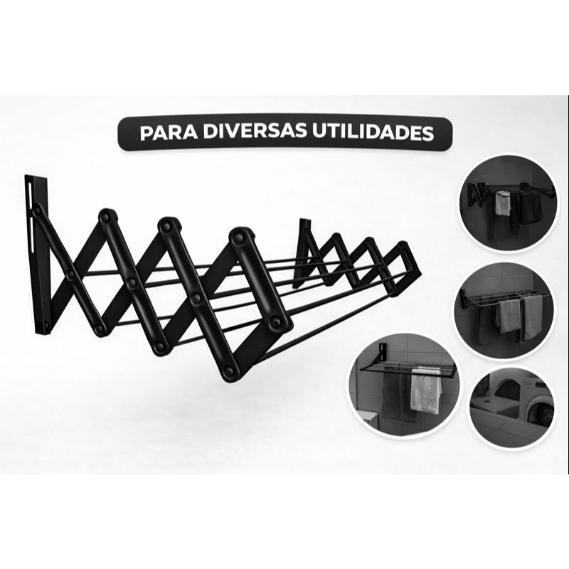 Kit 2 Varal Sanfonado Retrátil Preto Apartamento Lavanderia em Oferta na Shopee