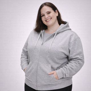 Moletom Plus Size Feminino com Capuz Casaco Aberto com Zíper Canguru Jaqueta Básico Liso Flanelado em Oferta na Shopee