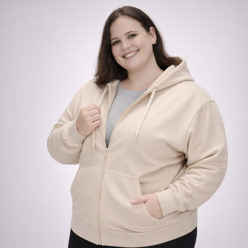 Moletom Feminino Zíper Casaco Blusa de Frio Aberto Bege Canguru Estilo Jaqueta Com Capuz Plus Size