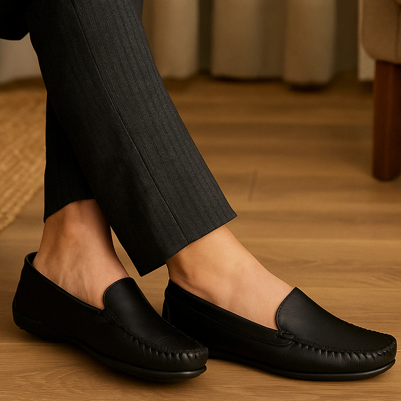 Mocassim Feminino Sapatilha Couro Costura Manual Sapato Liso Alto Conforto Calce Fácil  Preto
