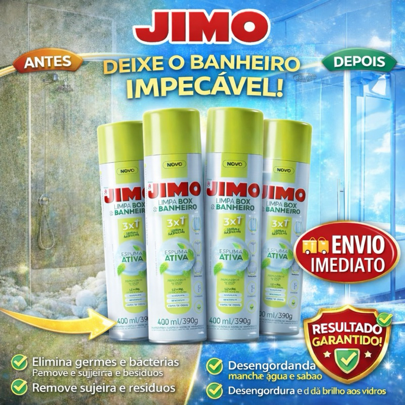 Jimo Limpa Box e Banheiro Spray Espuma Ativa 400ml - Limpeza Profunda Sem Esforço - Dá Brilho