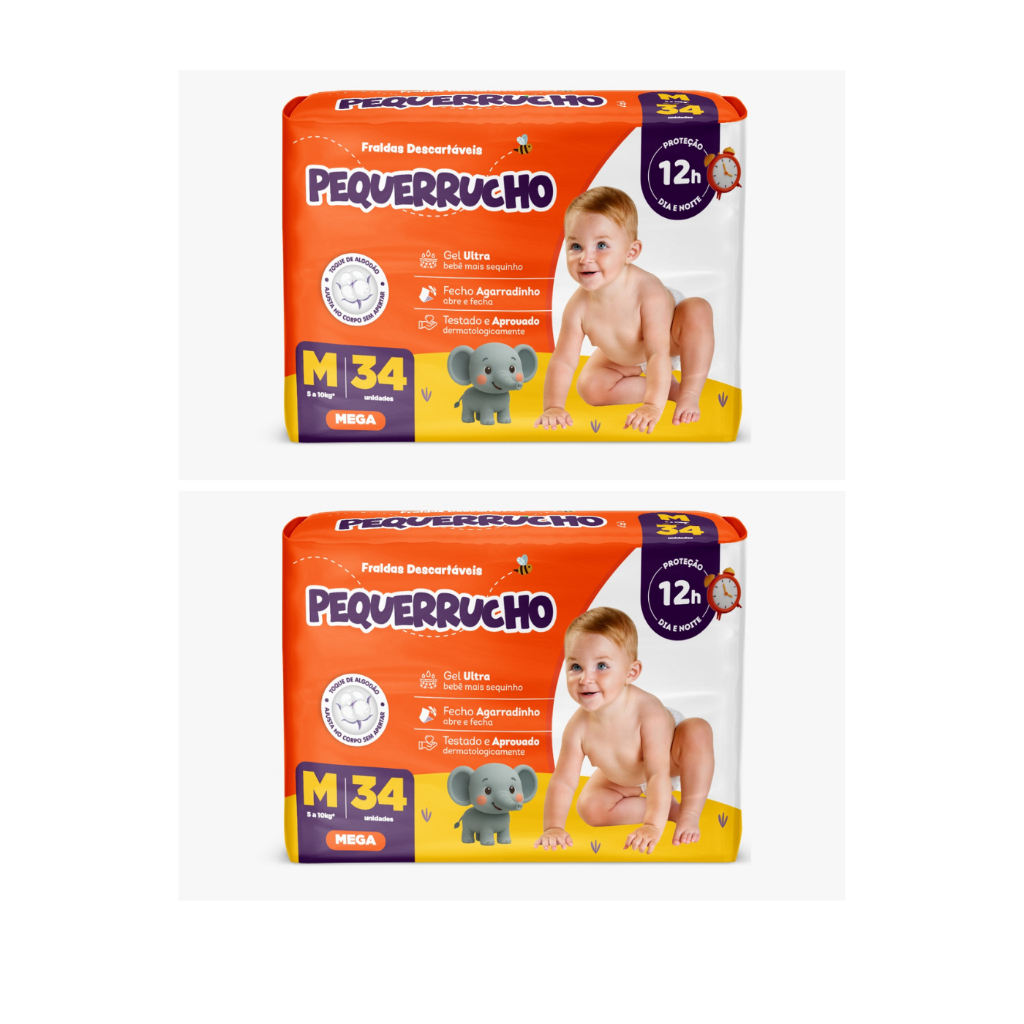 Kit 2 Pacotes de Fraldas Pequerrucho M | 68 Unidades | Conforto e Proteção