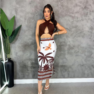 Conjunto Feminino Saia Midi Estampada e Top Cropped Transpassado Tendência Blogueira Verão em Oferta na Shopee