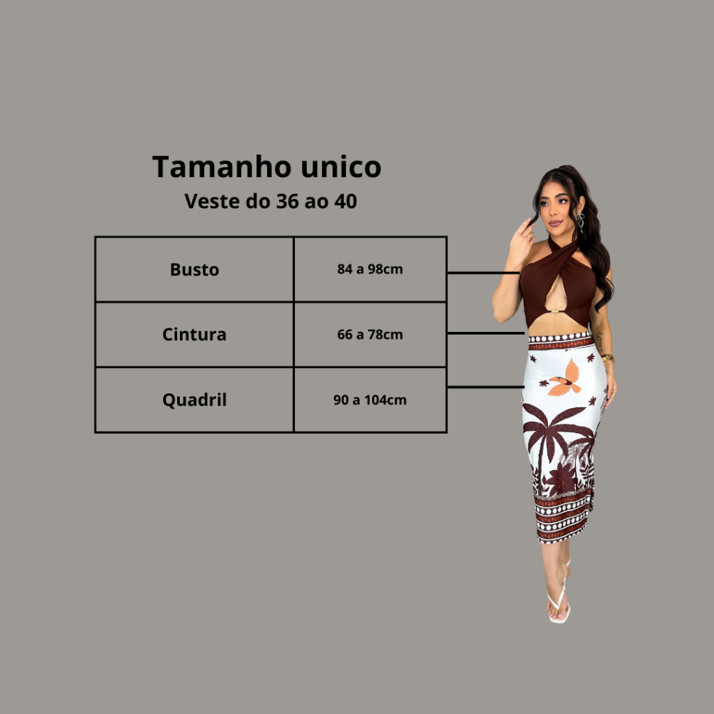 Conjunto Feminino Saia Midi Estampada e Top Cropped Transpassado Tendência Blogueira Verão — imagem 2 de 2