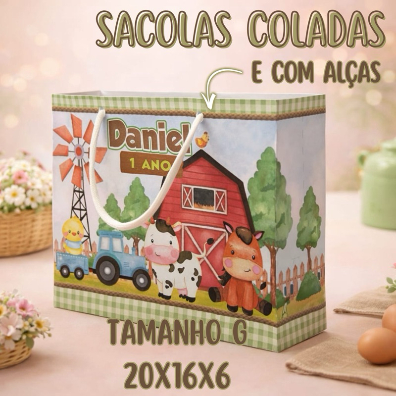 10 Sacolinhas Surpresa Fazendinha Personalizada Grande com Alça – Fazendinha Menino – Lembrancinha Festa Infantil