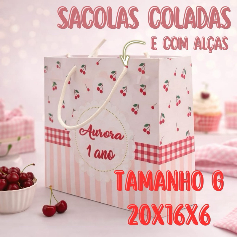 10 Sacolinhas Personalizadas cereja Grande com Alça – Cerejinha – Lembrancinha Festa Infantil