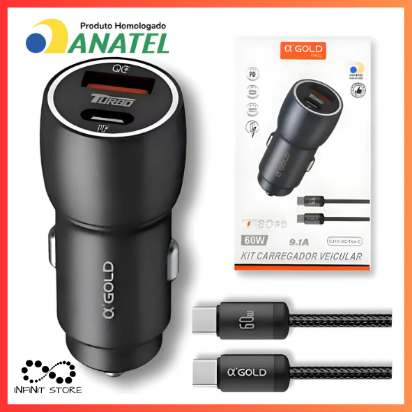 Kit Carregador Veícular Turbo 60W PD + USB-C Com Cabo Tipo-C/Tipo-C Compatível Com Android e iPhone