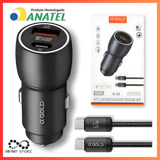 Kit Carregador Veícular Turbo 60W PD + USB-C Com Cabo Tipo-C/Tipo-C/Lightning Compatível …