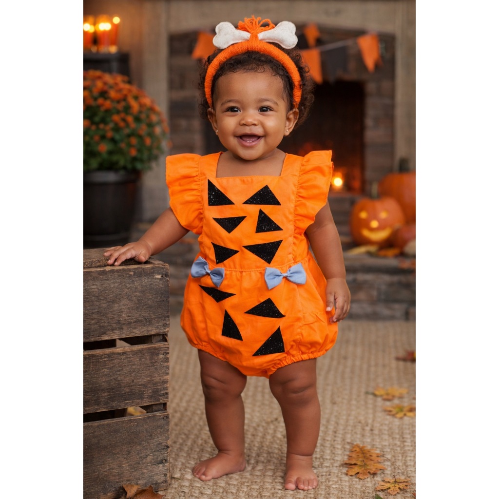 Romper Jardineira Pedrita Bebê – Roupa Temática Infantil para Ensaio e Festa Mesversário