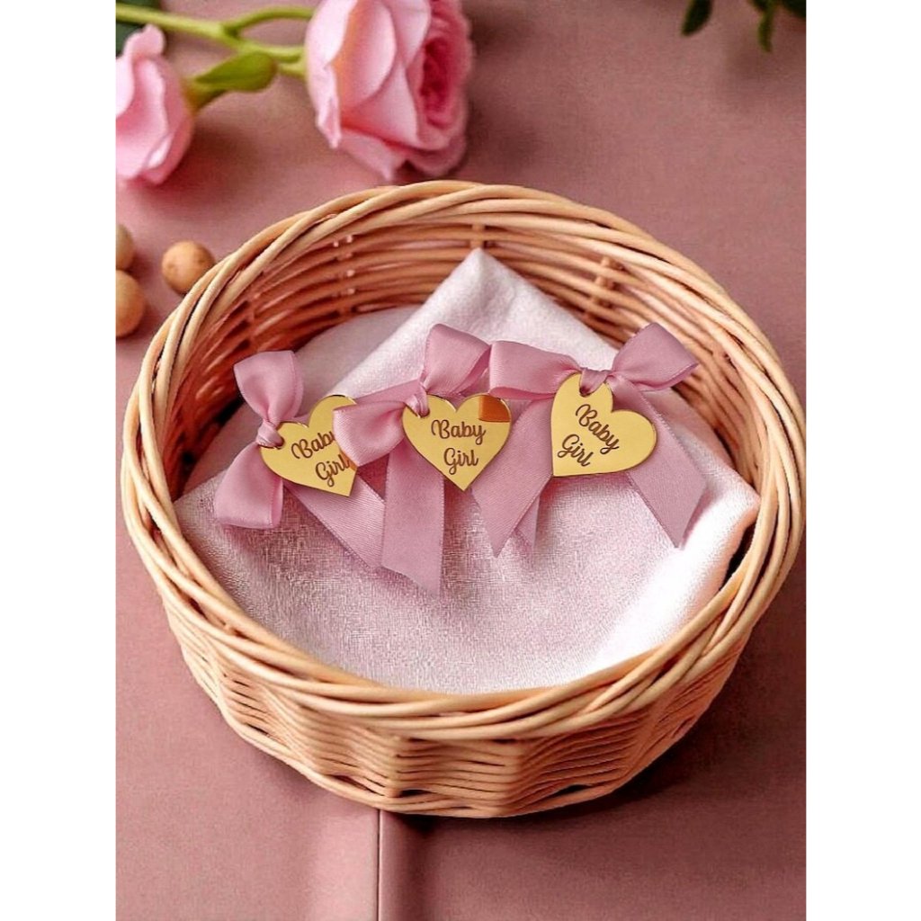 Tag Coração Personalizada Acrílico Espelhado | Com Laço Lembrancinha Maternidade Casamento Aniversário