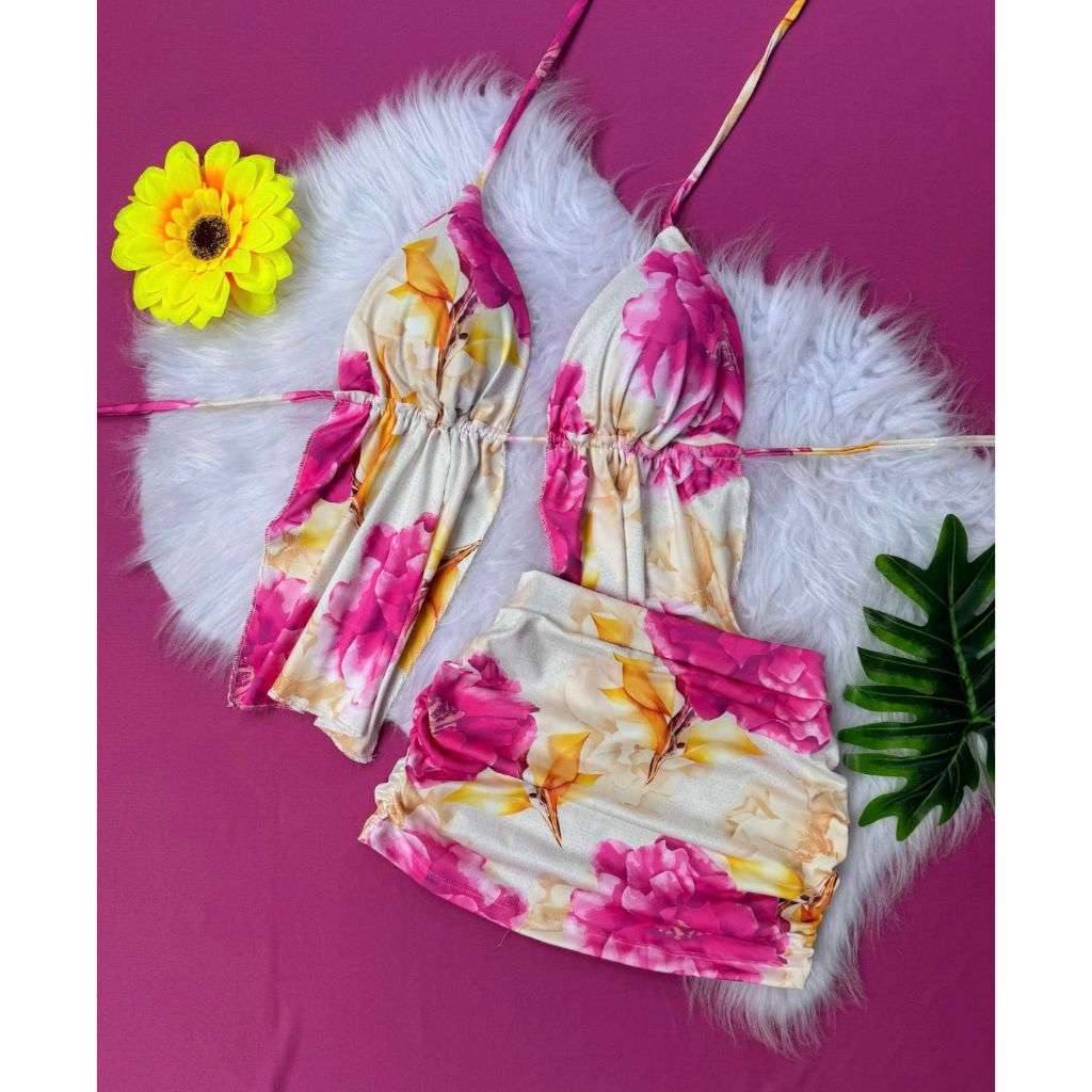 Conjunto balada folia carnaval saia florida e cropped florido com bojo estilo moda blogueira
