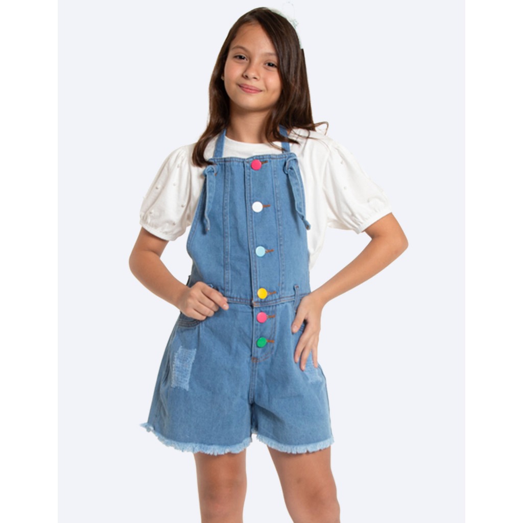 Jardineira Short Curta Macaquinho Jeans Alça Ajustável Infantil Juvenil Menina Moda Blogueirinha