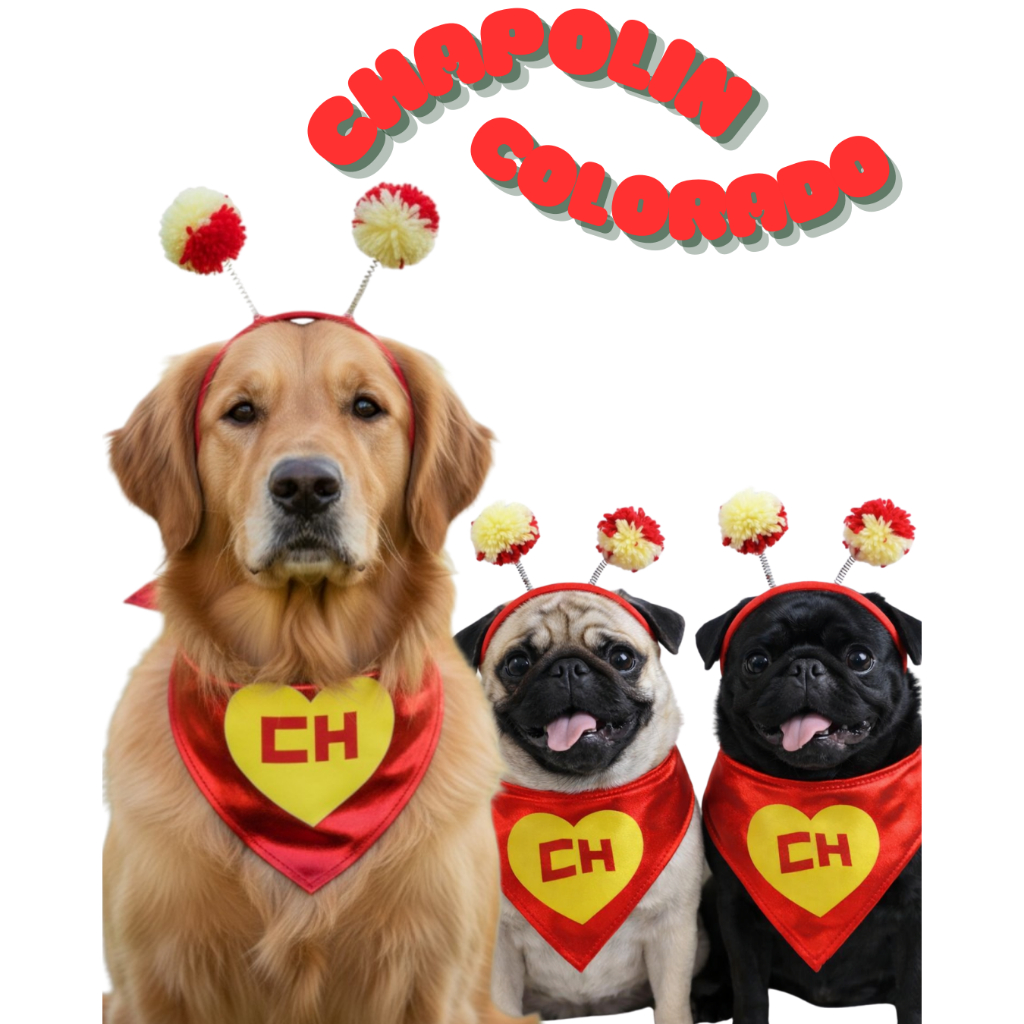Kit Fantasia e Pet Chapolin – Bandana + Arquinho Anteninhas cachorro, festas, aniversários, cosplay e datas especiais.